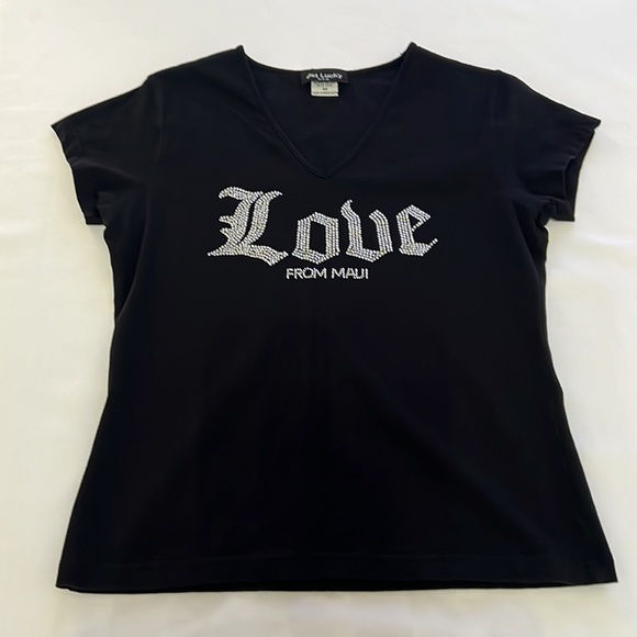 “Love from Maui” Black V neck Women’s Sz M Tee TShirt Rhinestones NWOT Bling - Picture 1 of 4